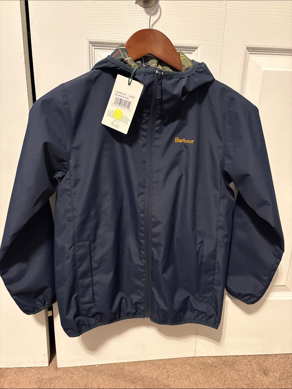 NWT Barbour Navy Kids Hooded Raincoat with Tartan Trim Size M(8/9)